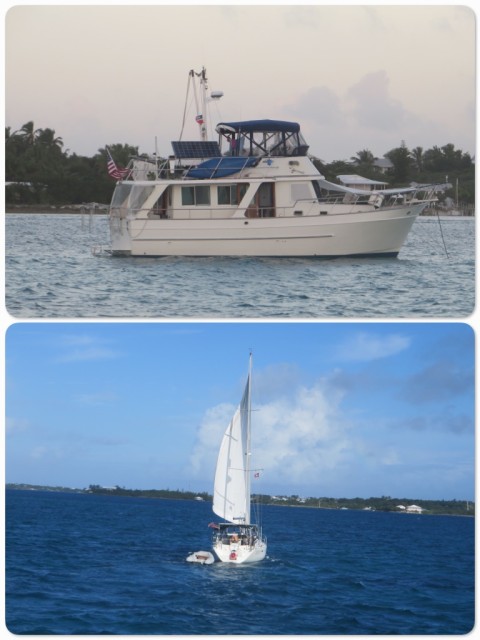 Kindred Spirit anchored off Man O War. Cutting Class underway in the Sea of Abaco.