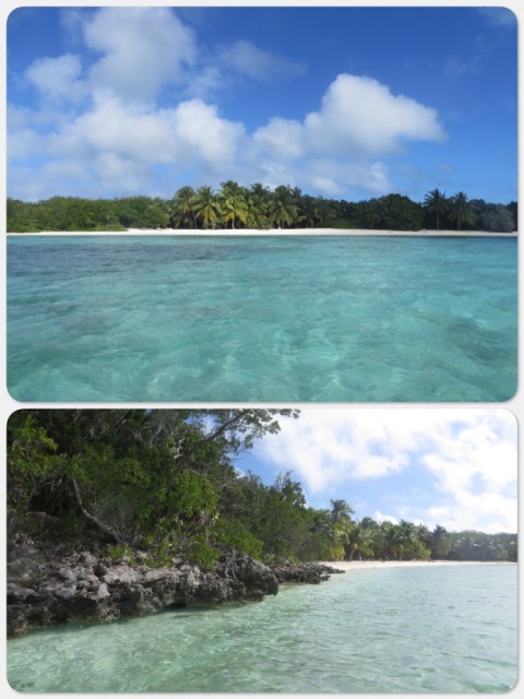 The little sandy beach and the rockier ledges.