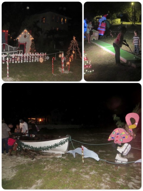 Christmas decorations, a one-hole mini-golf for the children, and a sleigh boat pulled by a flamingo. 