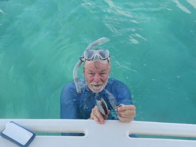 On one trip, we took the "big boat" out of the harbor instead of the dinghy. Anchored and swam off the boat just to relax and play. AL also took the opportunity to replace the zincs on the rudder. An easy job when you can see so clearly under the water.