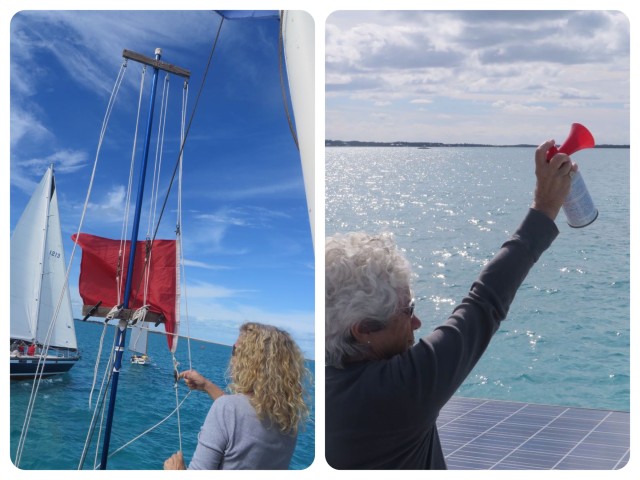 At the zero minute (START) the red flag is pulled down by Denise as Catherine sounds the horn. The race begins!