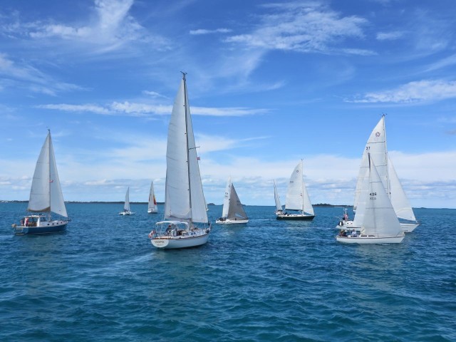 The boats cross the starting line. Our flybridge is a very good vantage point to observe the boats.