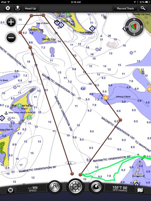 This race was a “Point-To-Point Race” rather than around marks set in a triangular course. The start would be off the Parrot Cays, around a windward mark, behind Gardener and Sandy Cays (off of Man O’ War Cay) back to the location of the start mark, and back to the windward mark for the finish. (I think that’s how to describe it, but I might be wrong).