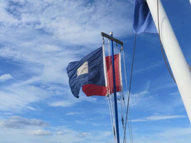 At the four-minute mark, the preparatory “P” flag is hoisted to join the red flag.