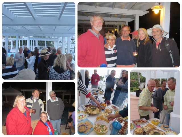 An organized BIG Happy Hour at the Inn and Marina's pool. Lots and lots of delicious food, much more than "happy hour snacks", and a chance fro everyone to get together in one place. Notice the long sleeves? It was a very cool evening.