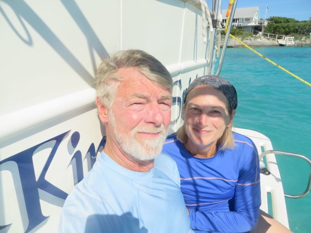 A selfie on the transom before we dive into the water. Al's eyes aren't accustomed to this bright sunshine.