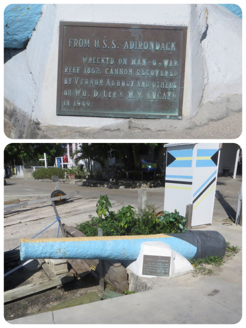 I don't recall ever noticing this before when we have walked around Man O'War. A 1862 cannon painted with Bahama flag colors, and recovered in 1949.