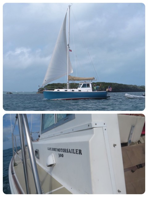 Solstice, a 30 foot Cape Dory motorsailer, photographed on a more leisurely day, with Sam and Kayda waving.