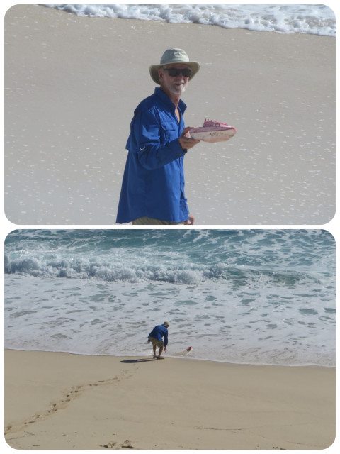 Al walked down to the sand to get a closer look and found this little plastic boat washed ashore. He tried to send it back into the ocean water. Wonder how it fared?