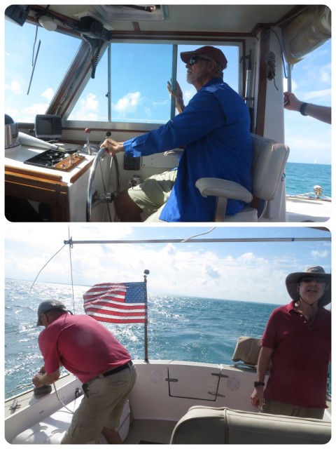 Al at the helm, Sam on the winch, John checking sail shape.