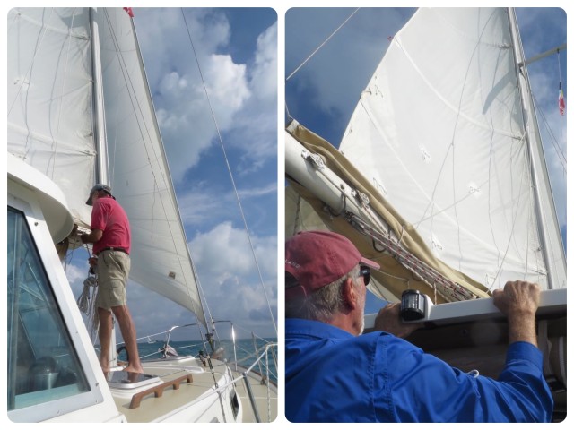 Reefing the main sail - Sam was concerned that the 30 year old sails may find these 15+ knots of wind too stressful. Better to be cautious - the race is just for fun. 