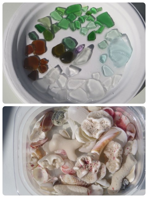 My beach finds - sea glass, coral, small shells. In the center of the plate of sea glass are some very nice, small, but nice pieces. A few thick older ones and even a lavender. 