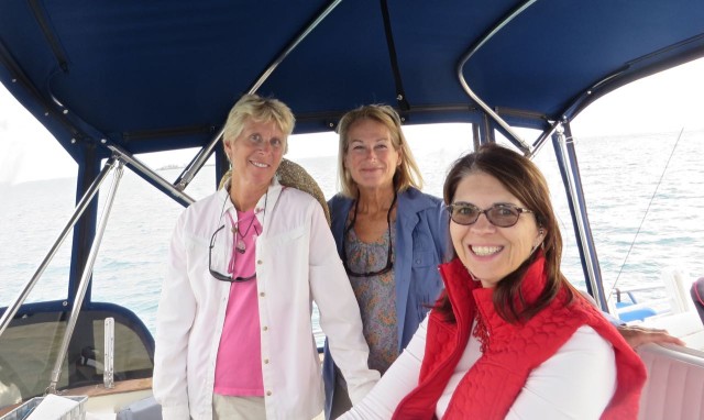 Ladies on the bridge, steering and navigating. Al handed the wheel over to Annette who did a very fine job as captain. Her first time handling a trawler.