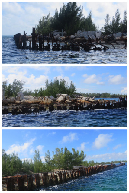 After anchoring Kindred Spirit and Navigator, we dinghied around the end of Snake Cay. The abandoned quay has left an industrial style wound on the land. 