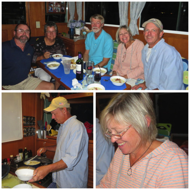 Feb 18th - Carpenters dinner on our boat, but John cooked. This was a really good deal for me. I invited Carol and John to our boat for dinner, but he wanted to make Caribbean lobster chowder. OMG – soo delicious! We also invited Joe and Paula as part of John’s “core” building crew. Paula baked corn bread in a cast iron frying pan that complimented the chowder perfectly.