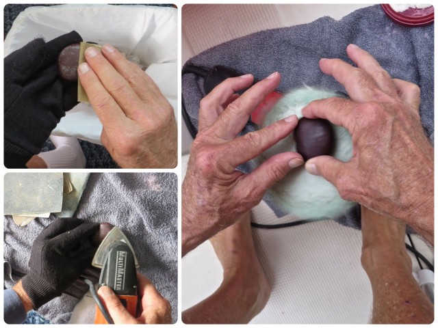 When I tired of working on a bean, Al took over. He wore gloves when using the sandpaper, but then soon turned to his power sander. He then gave some of the beans quite a shine with finishing compound and the buffing machine. 