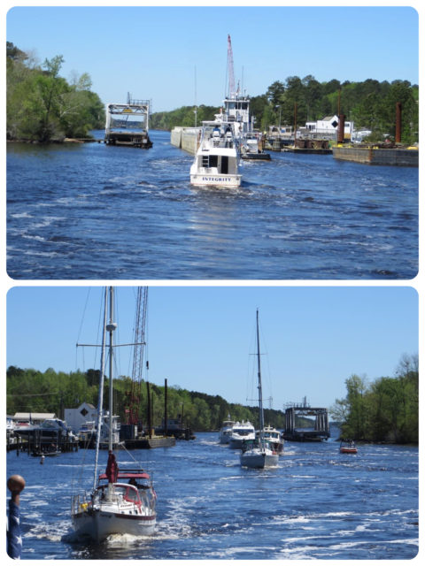 Before we get to Great Bridge, we all had to get through the Centreville Turnpike Bridge's 11:30 am opening so that we could make the noon opening of Great Bridge Bridge. We have become quite a line-up of boats.