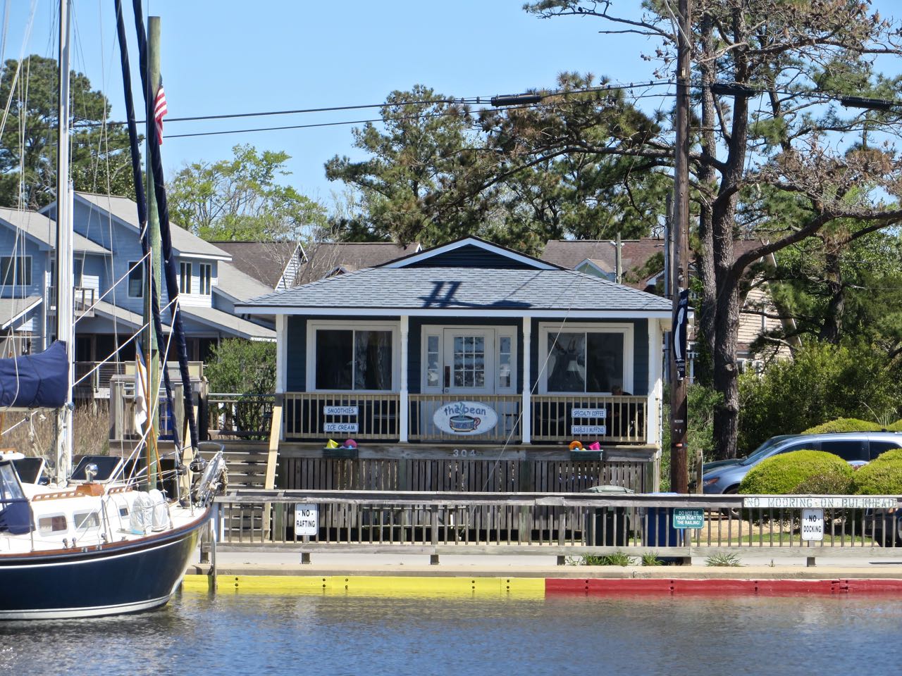 "The Bean", the local hang-out for coffee, breakfast and ice cream. This time you can walk right up to the steps instead of kayak or wade to it, if at all.