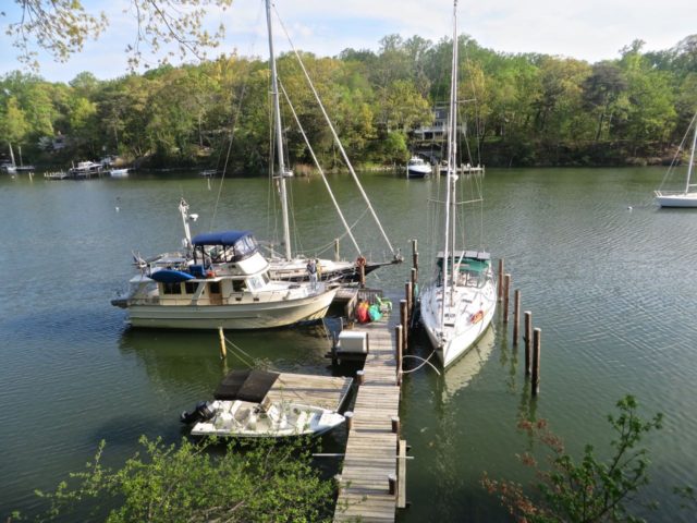 Kindred Spirit and Cutting Class are snuggled in with Eleanor Q at her dock.