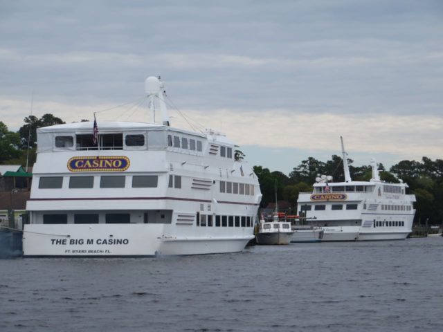 Big casino boats at dock near the Calabash River. 