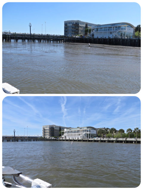 Looking from our aft deck to the shore. The top photo was taken at low tide - the buoy is in visible sitting in the mud. The bottom photo was taken at high tide - water all the way up.