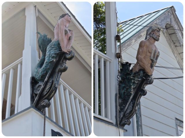 The upper porch of Poor Man's Hole has matching his and her figureheads. Wouldn't that look nice on our house in Connecticut?