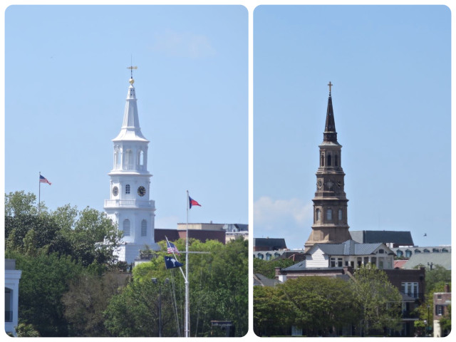 Two of the steeples of Charleston are visible from the water.