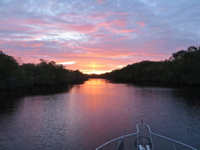 The Waccamaw River's colors swiftly changed from dusky gray-blue to a rosy glow.