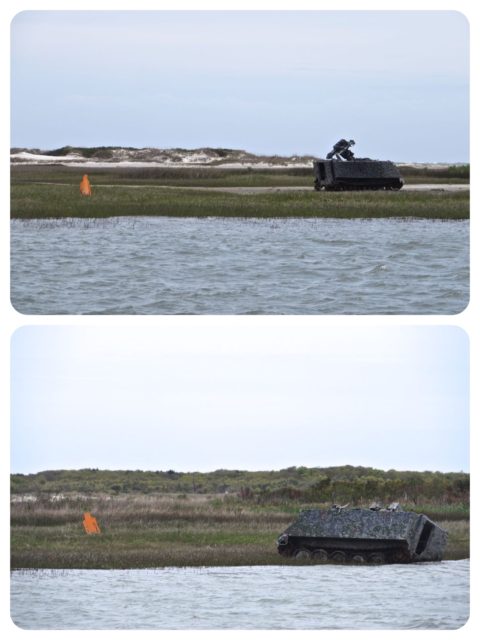 Traveling through the Camp Lejeune section, we recalled the helicopters and military drills in the ICW during our first southern passage in 2013. This time we only saw tanks and orange cut-out men on the eastern side of ICW. Target practice?? 