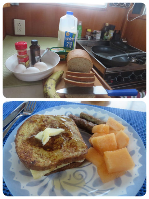 In a small space, you need to think ahead and get everything ready for the recipe. Since the largest surface is the top of the stove, chopping usually had to be done first, before the cooking. A leisurely morning means there is time to make French toast.