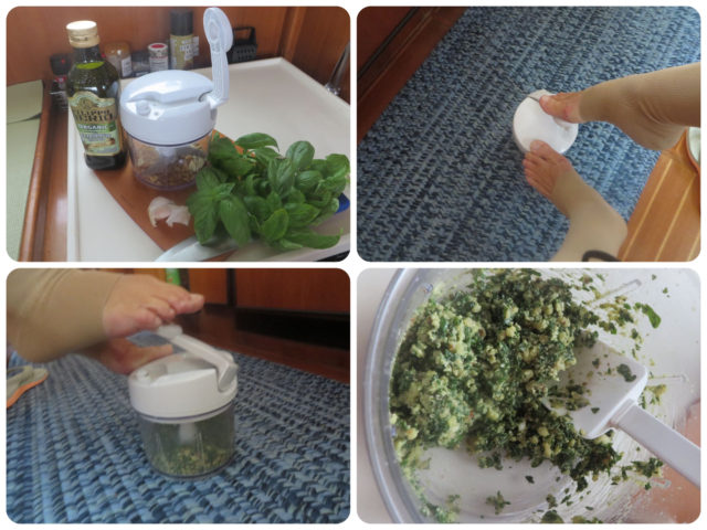That little hand crank food processor turned the basil into pesto, with help form my foot when my arms became tired.