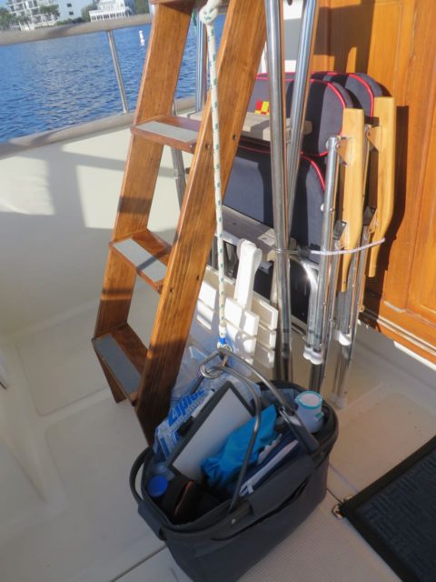 Al modified the ladder to the flybridge to make it easier for me (and others) but it was still helpful to use a basket and pulley system to carry up necessary items for a day of traveling.