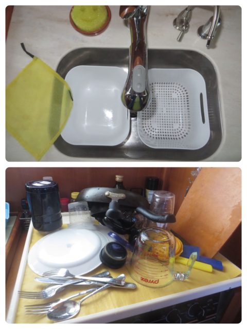 My two tiny IKEA dish pans, one with holes and one solid. After washing in the left pan, the clean but soapy dishes are moved to the right pan to drain. The dirty water in the left pan gets dumped out and the right draining pan is set inside the now empty left one. Dishes are rinsed with the spraying faucet. Lift the draining pan out and set the dishes to dry on the drying pad on the stovetop. The left dishpan now has soapy clean water to re-use for more washing. Get that?