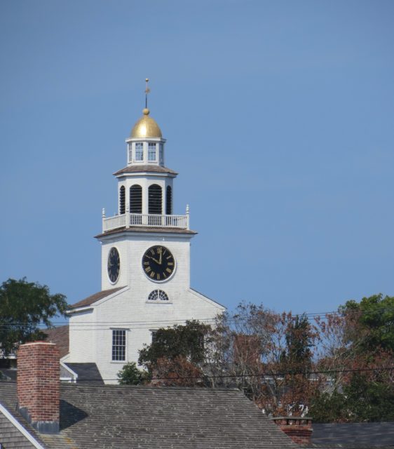 The shining steeple of the Congregational Church can be seen from out in the harbor. 