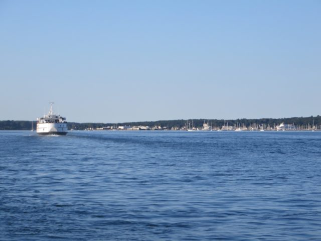 Dodging ferries as we pass by the Vineyard Haven harbor entrance.