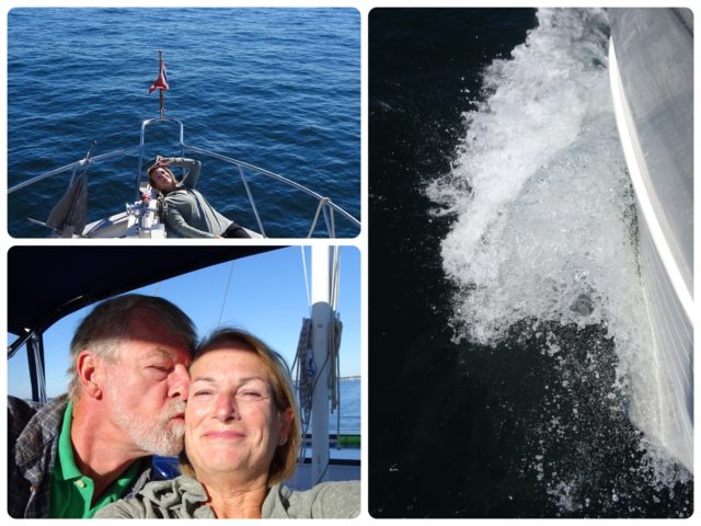 A birthday kiss, relaxing on the bow, water spray below the bow.