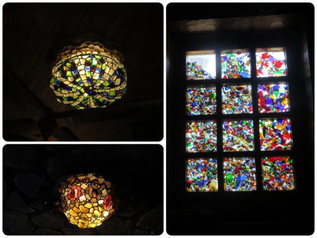 Strained glass fixtures and windows throughout the castle.