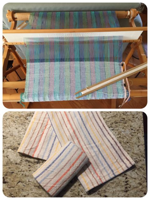 Top - the loom has been re-warped with a new project. Bottom - Finally finished the old project of 3 dish towels. Very absorbent, and I do really use them!